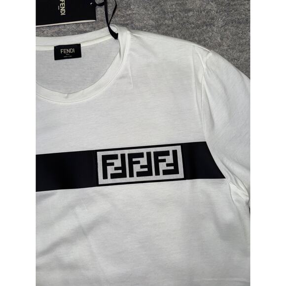 Fendi White Black Striped FF Logo Monogram Short Sleeve Cotton T-Shirt Large L - Picture 7 of 15